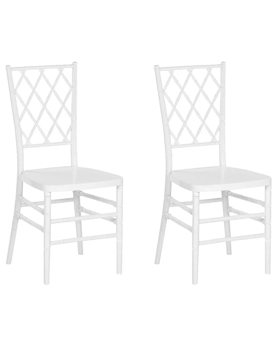 Two white chairs with lattice back design on a white background