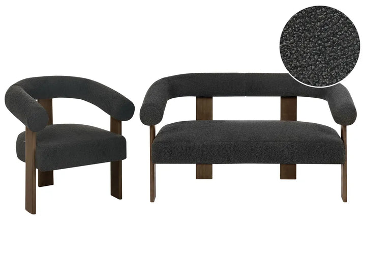 A dark gray upholstered armchair and matching bench with wooden legs, shown on a white background with a circular fabric close-up inset.