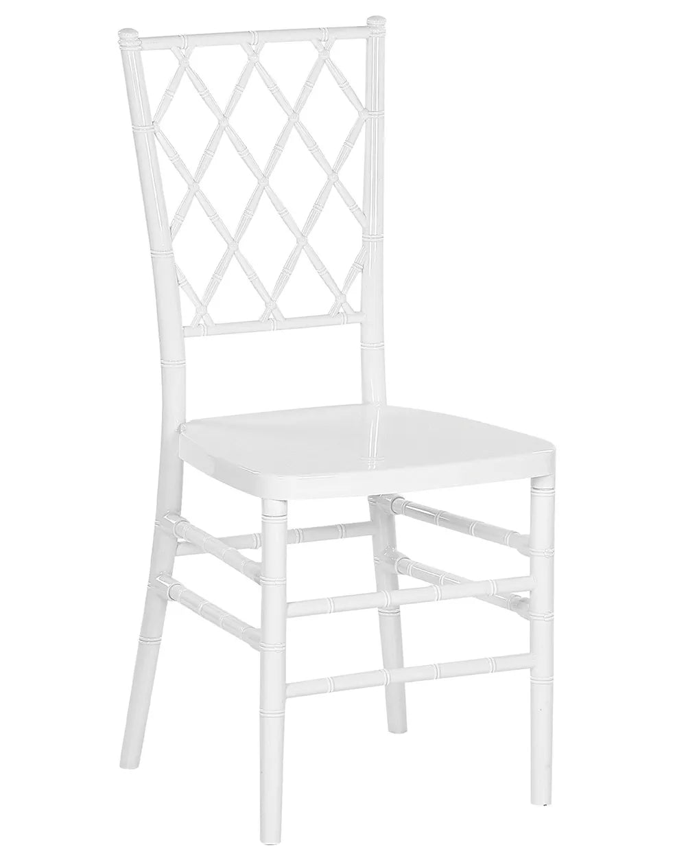 White chair with lattice back design on a white background