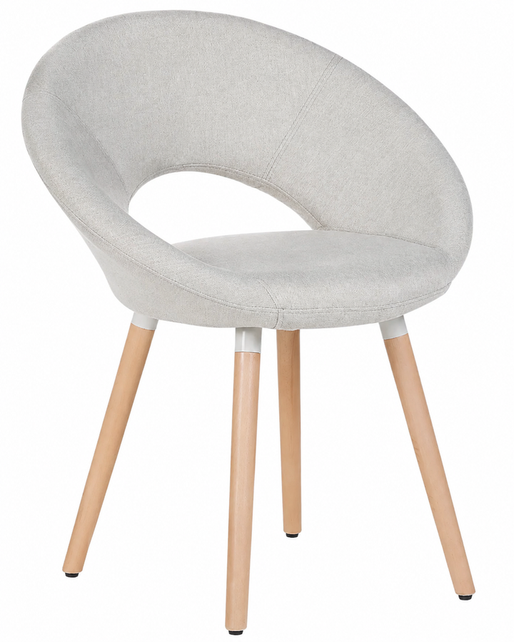 A modern upholstered dining chair with a light gray fabric seat and curved backrest, supported by four tapered natural wood legs with small black rubber feet.