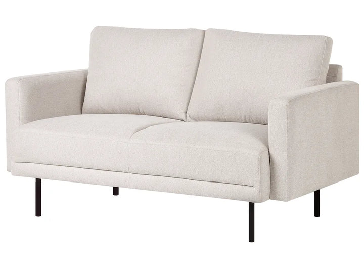 A modern two-seater loveseat sofa upholstered in a light beige textured fabric, featuring wide armrests and slim black metal legs, shown against a plain white background.