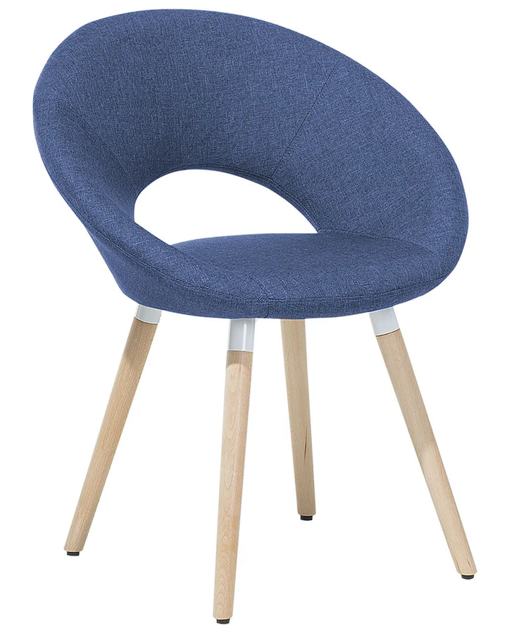 A modern accent chair with a curved, open-back upholstered seat in textured blue fabric, supported by four tapered light wood legs with white metal connectors, shown on a plain white background.