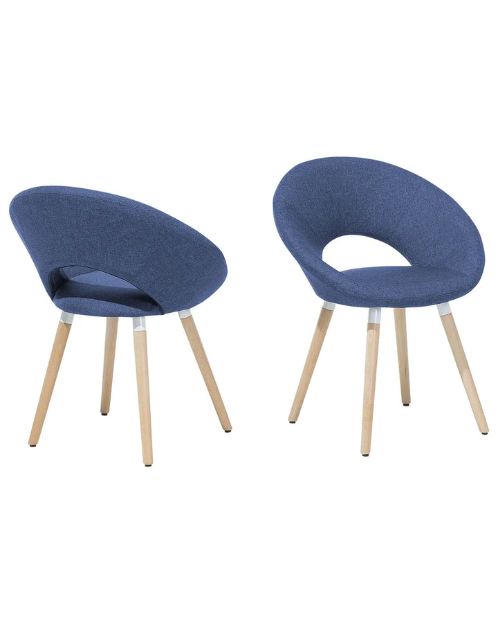 Two modern dining chairs with blue upholstered oval seats and light natural wood legs, shown from different angles on a white background.