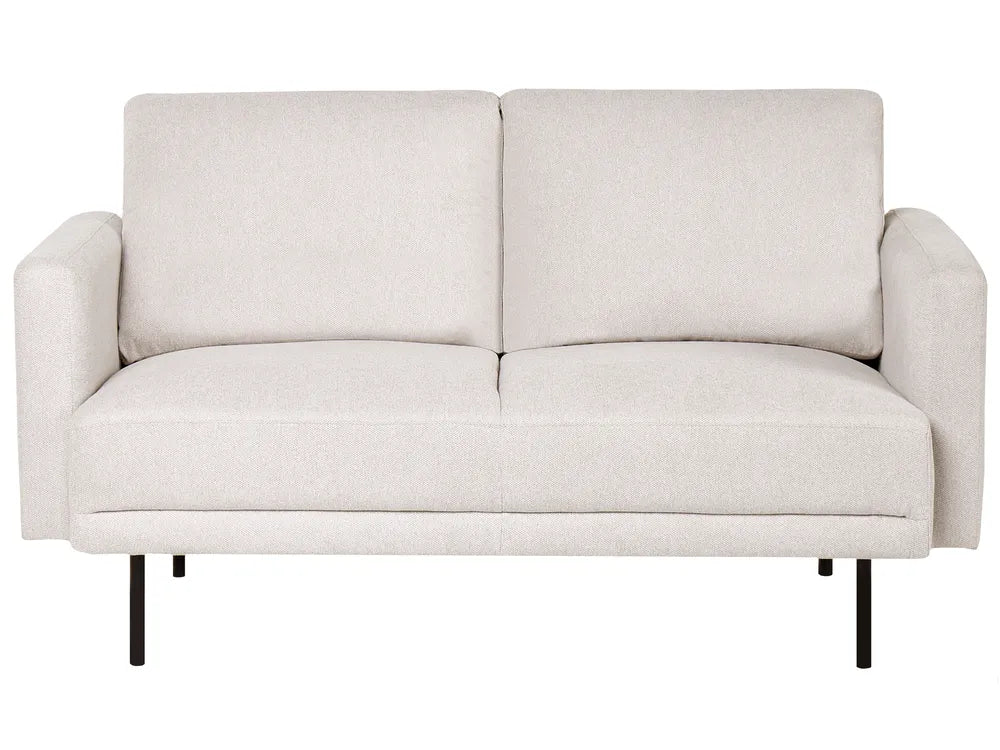 A modern two-seater loveseat sofa upholstered in a light beige textured fabric, featuring slim black metal legs, shown against a plain white background.