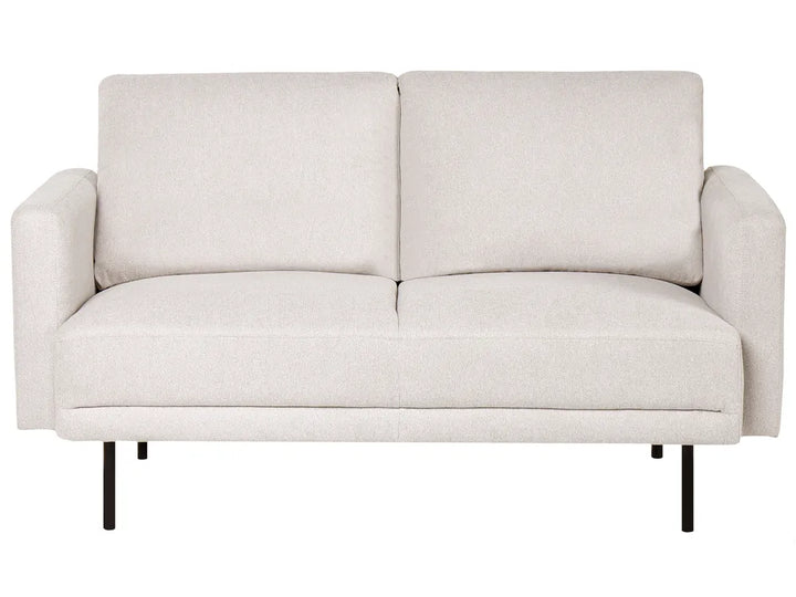 A modern two-seater loveseat sofa upholstered in a light beige textured fabric, featuring slim black metal legs, shown against a plain white background.
