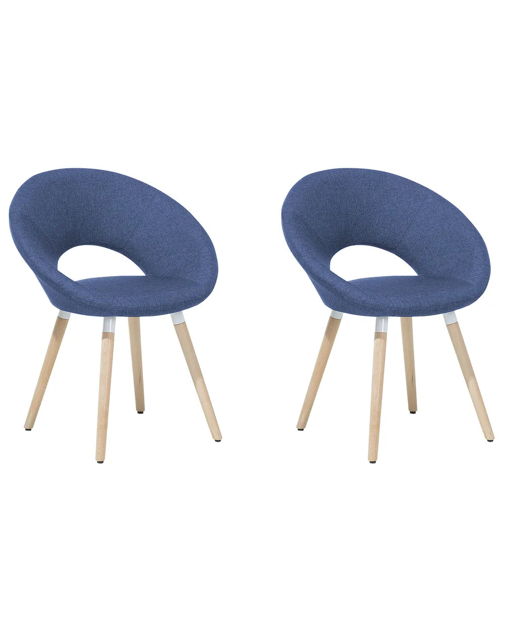 Two modern dining chairs with blue upholstered oval seats and light wood legs, shown side by side on a plain white background.