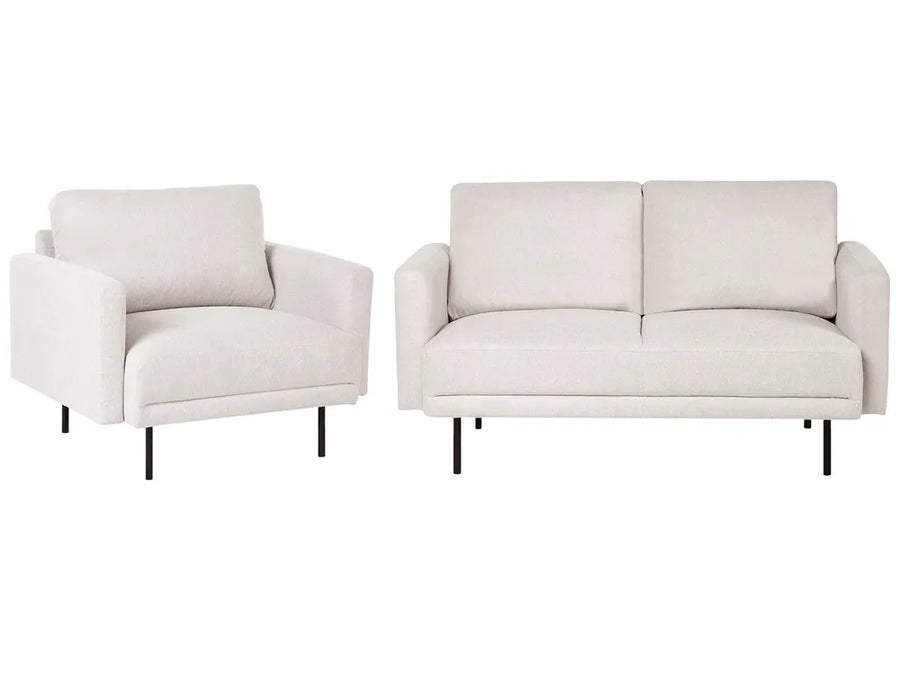 A light beige upholstered armchair and matching two-seat sofa with slim black legs, shown on a plain white background.