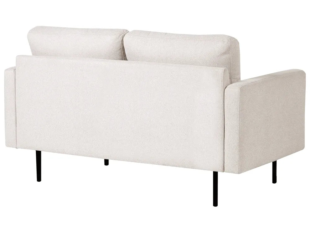 A modern two-seater sofa in a light beige textured fabric, featuring black metal legs, shown from a three-quarters angle against a plain white background.