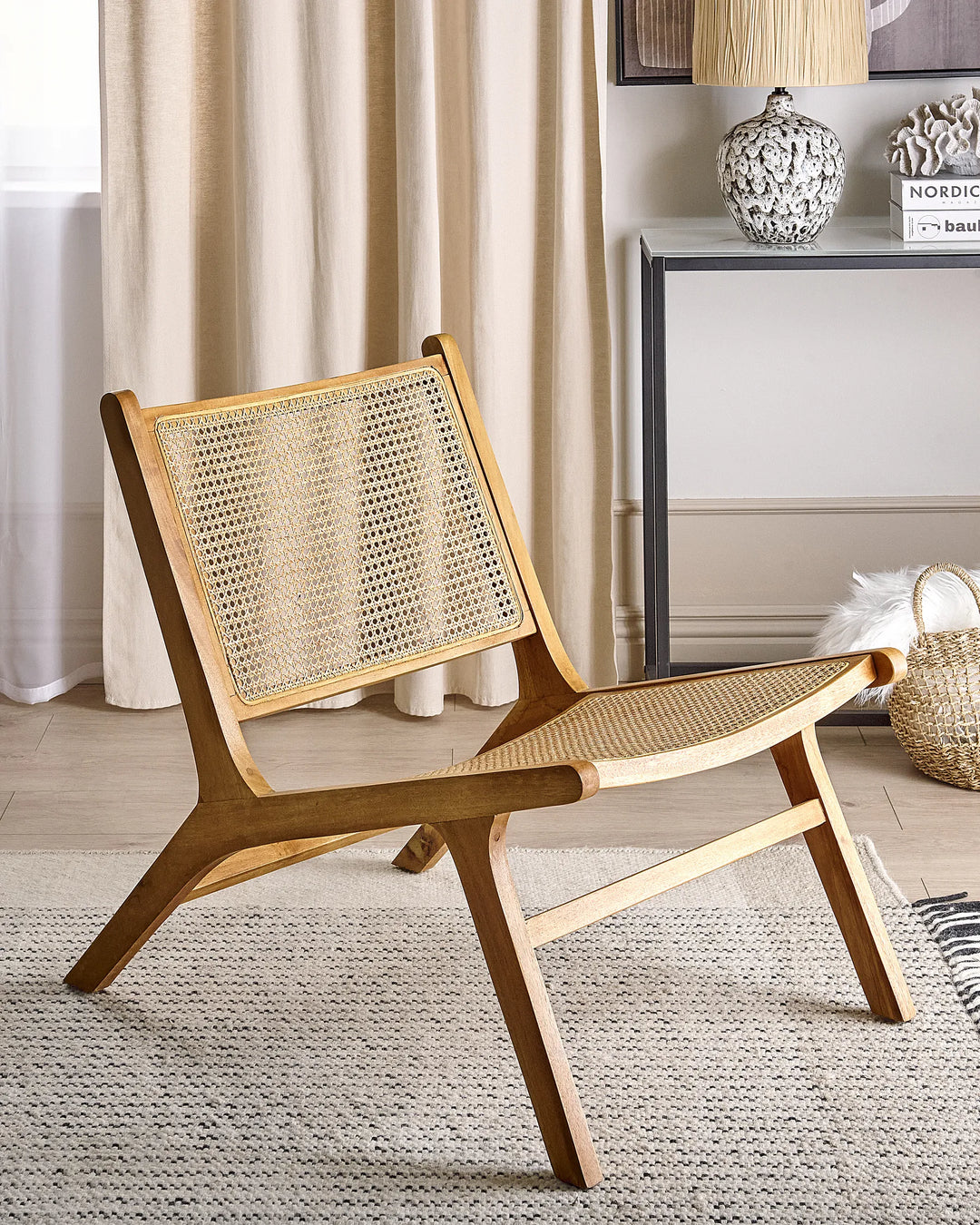 Wooden chair with wicker backrest in a living room setting