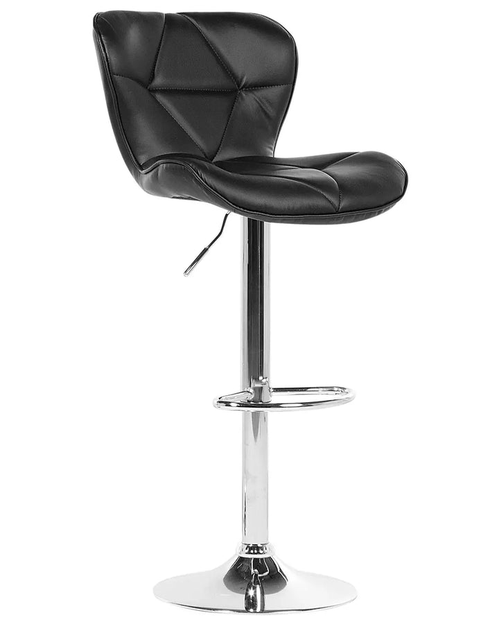 Black faux leather swivel barstool with a tufted diamond-patterned backrest, adjustable chrome pedestal base, and footrest ring, shown on a white background.