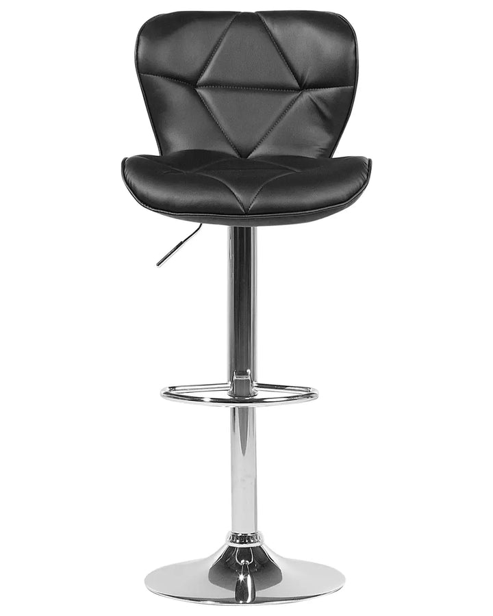Black faux leather swivel barstool with diamond-quilted seat and backrest, supported by a chrome adjustable pedestal base with footrest ring.