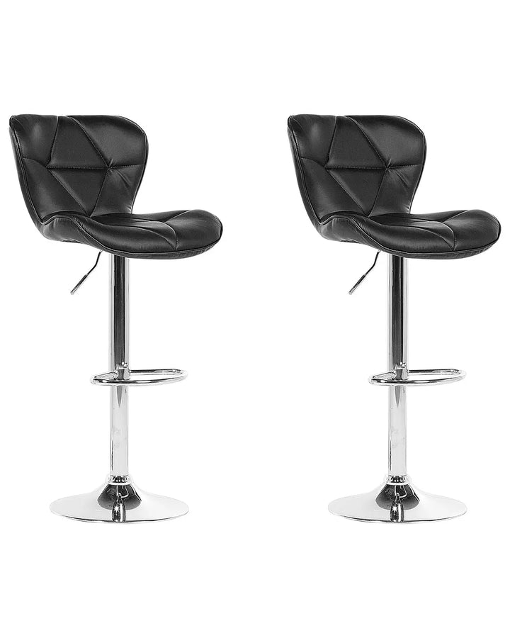 Two matching black faux-leather swivel bar stools with tufted seats and chrome pedestal bases, shown side by side on a plain white background.