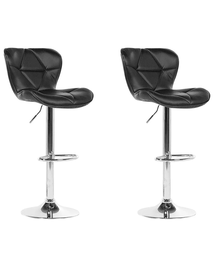 Two matching black faux-leather swivel bar stools with tufted seats and chrome pedestal bases, shown side by side on a plain white background.