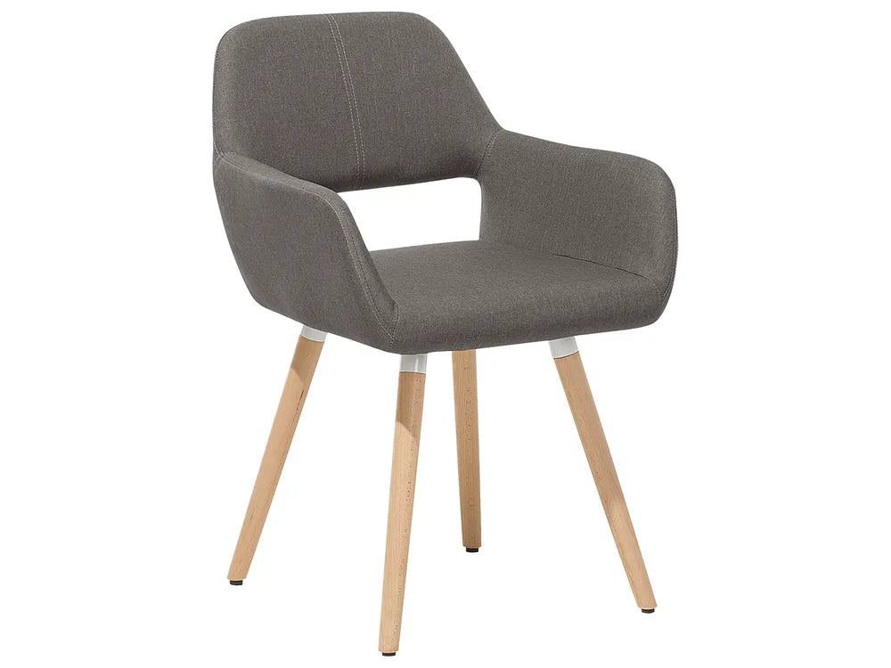 A modern upholstered armchair with a textured gray fabric seat and backrest, supported by four tapered light wood legs, shown against a plain white background.