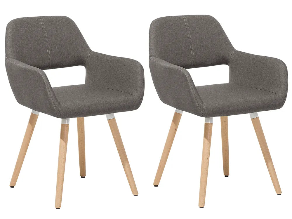 Two matching upholstered dining chairs with gray fabric seats and backs and light natural wood legs, shown on a plain white background.