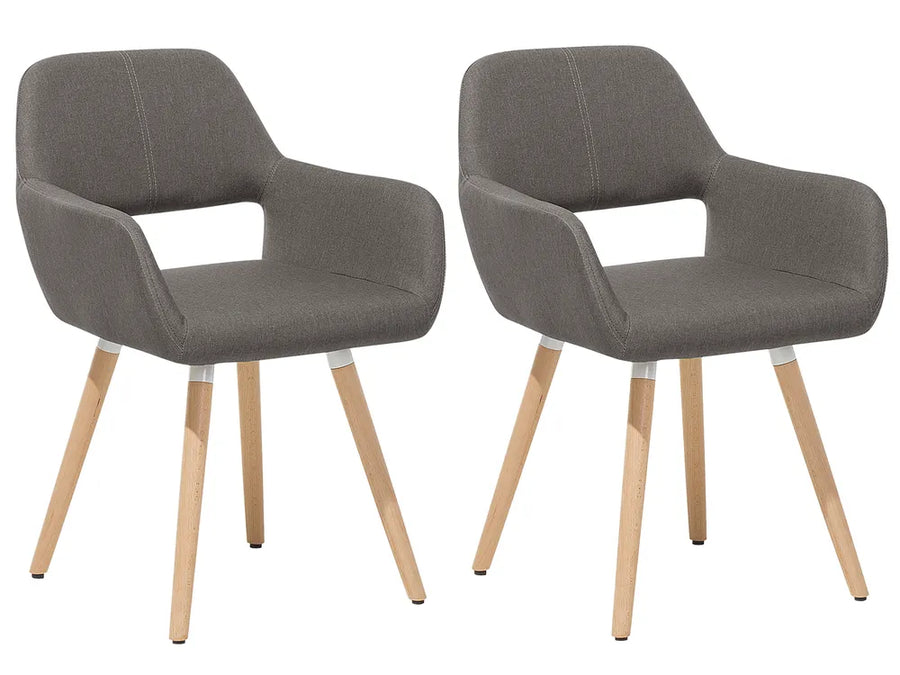 Two matching upholstered dining chairs with gray fabric seats and backs and light natural wood legs, shown on a plain white background.