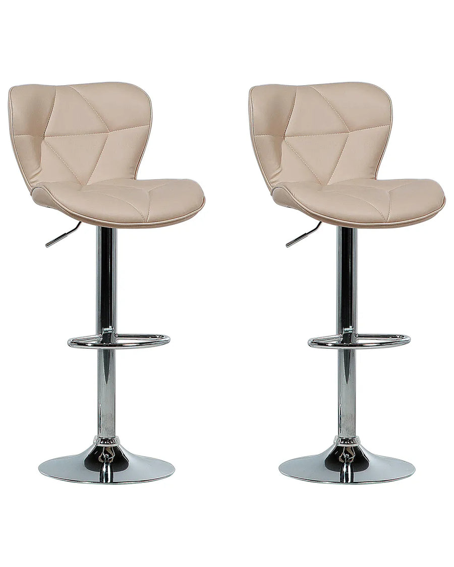Two beige bar stools with chrome bases on a white background