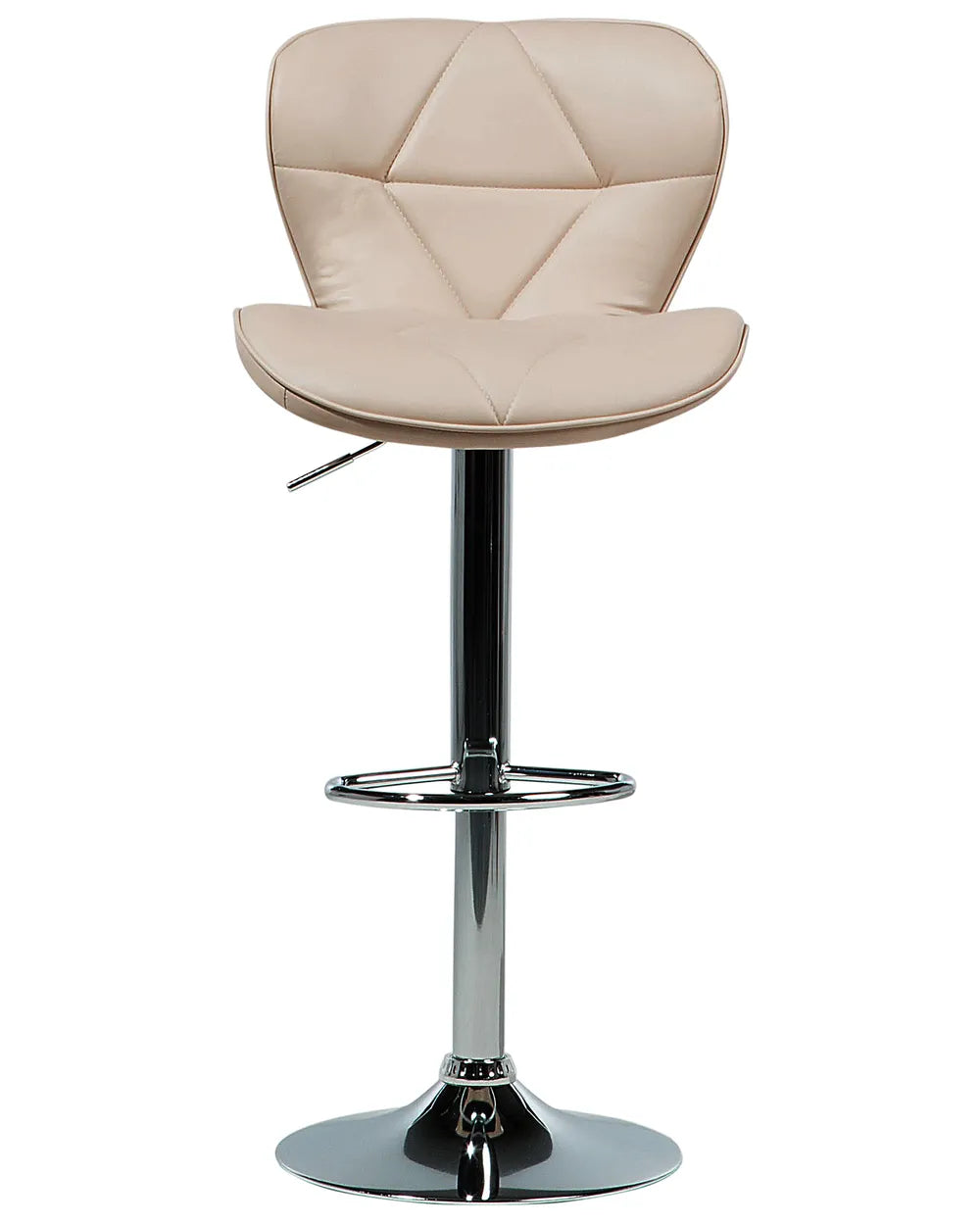 A modern swivel bar stool with a light beige faux leather seat and a polished chrome metal pedestal base, shown against a plain white background.