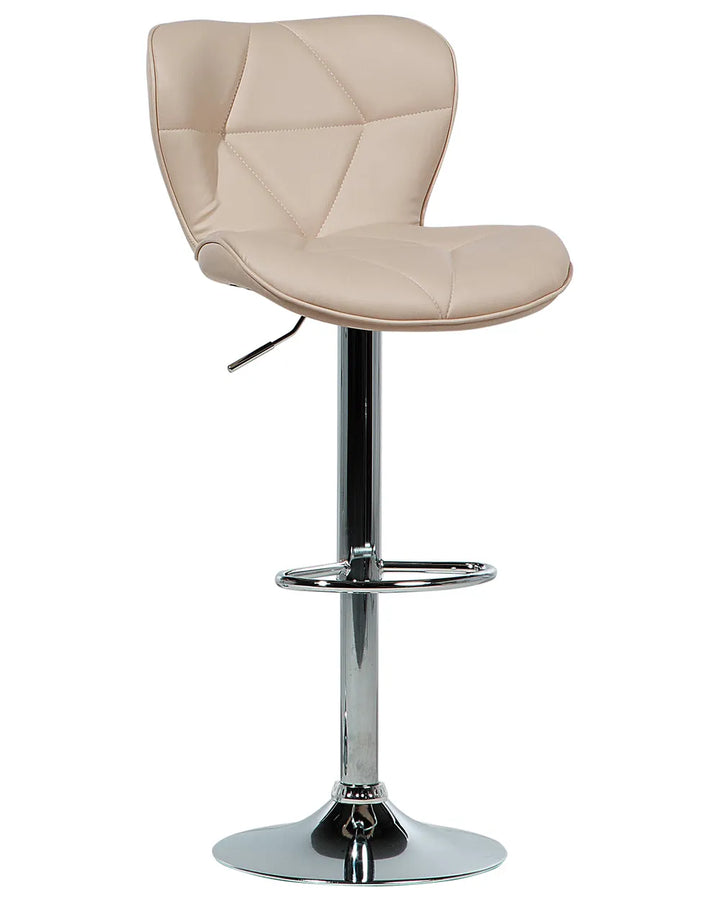 A modern swivel bar stool with a light beige tufted faux leather seat and a polished chrome pedestal base, shown against a plain white background.