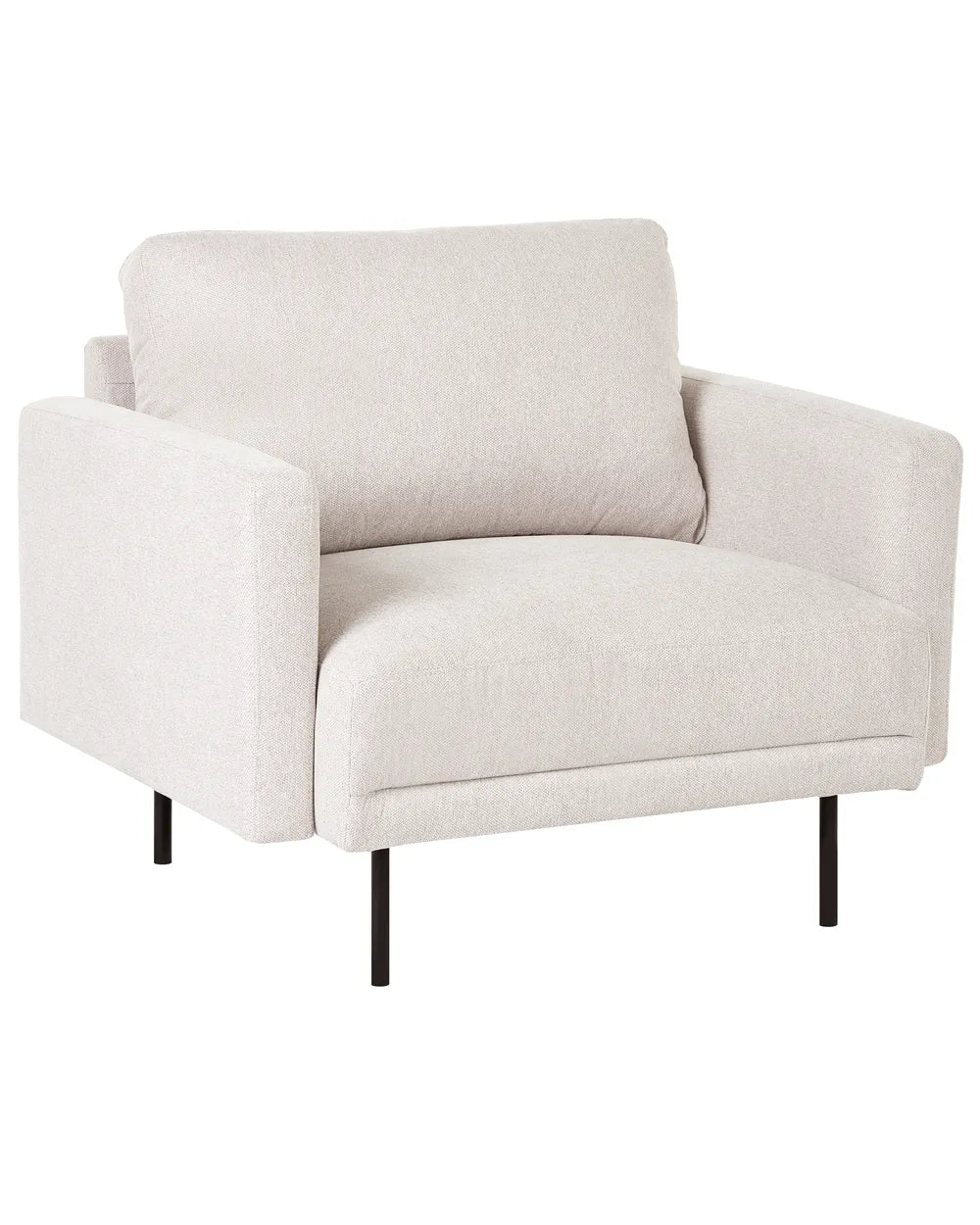 A modern low-profile armchair upholstered in a textured cream or off-white fabric, supported by slim black metal legs, shown against a plain white background.
