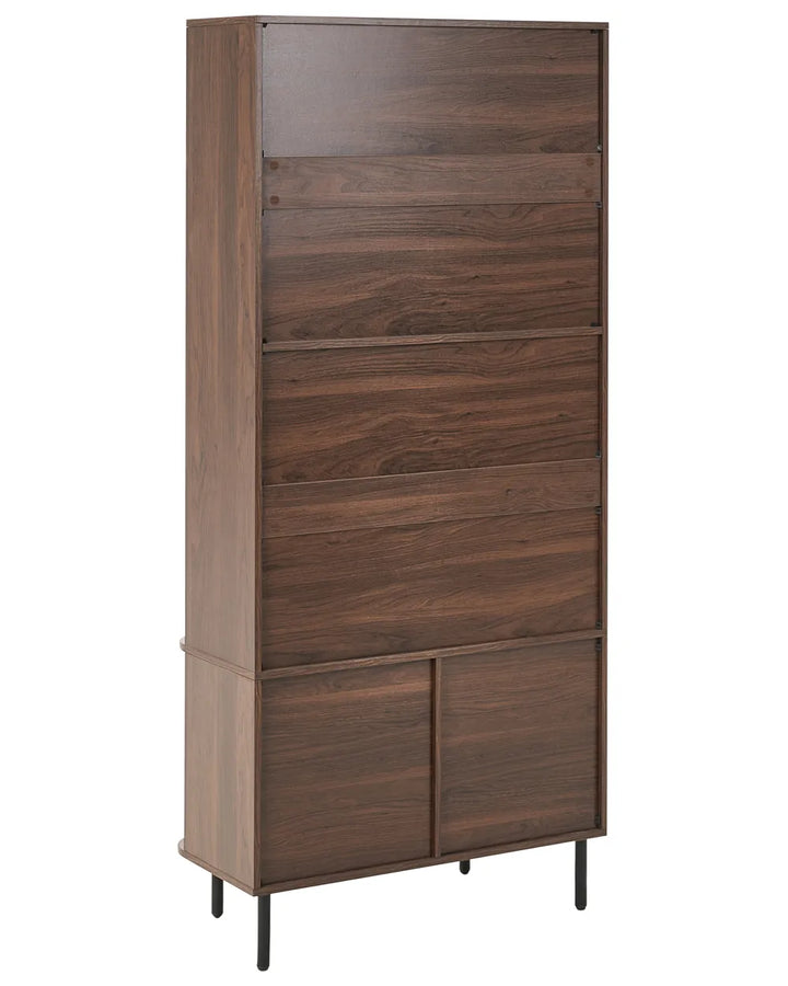 A tall, narrow wooden storage cabinet with five drawers and two lower cabinet doors, finished in a dark brown wood grain finish with slim black metal legs, shown against a plain white background.