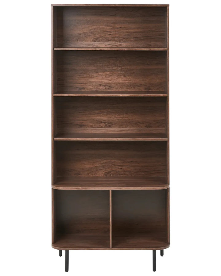 A tall, five-tier wooden bookcase with a dark brown walnut finish and black metal legs, shown against a plain white background.