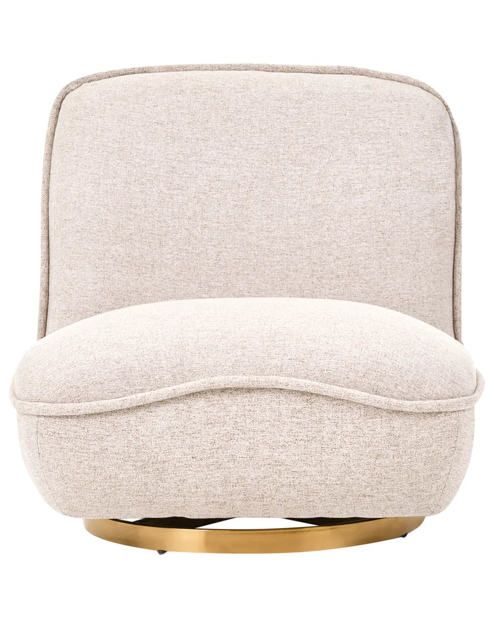 A modern upholstered swivel chair with a rounded, cushioned back and seat, upholstered in a textured light beige fabric, supported by a circular brushed gold metal base.