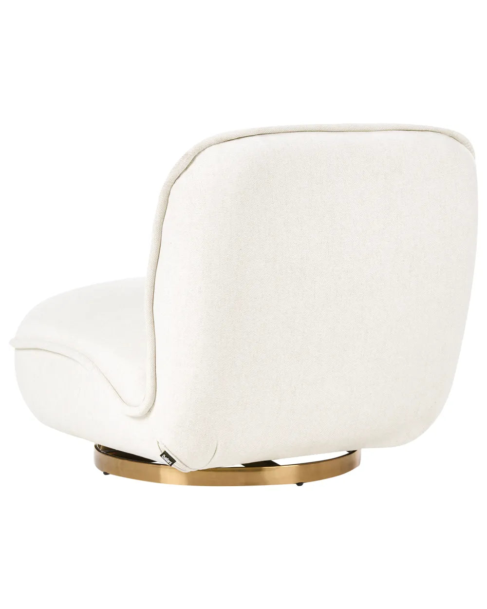 An off-white upholstered accent chair with a curved backrest and a round gold metal swivel base, shown against a solid white background.