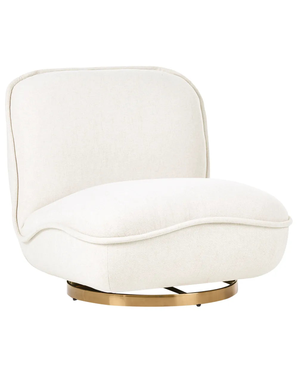 An off-white upholstered swivel accent chair with a curved backrest and a polished gold metal base, shown against a solid white background.