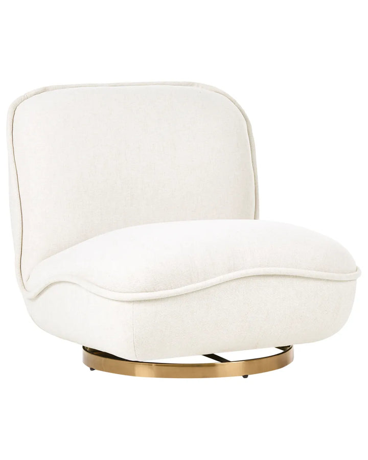 An off-white upholstered swivel accent chair with a curved backrest and a polished gold metal base, shown against a solid white background.
