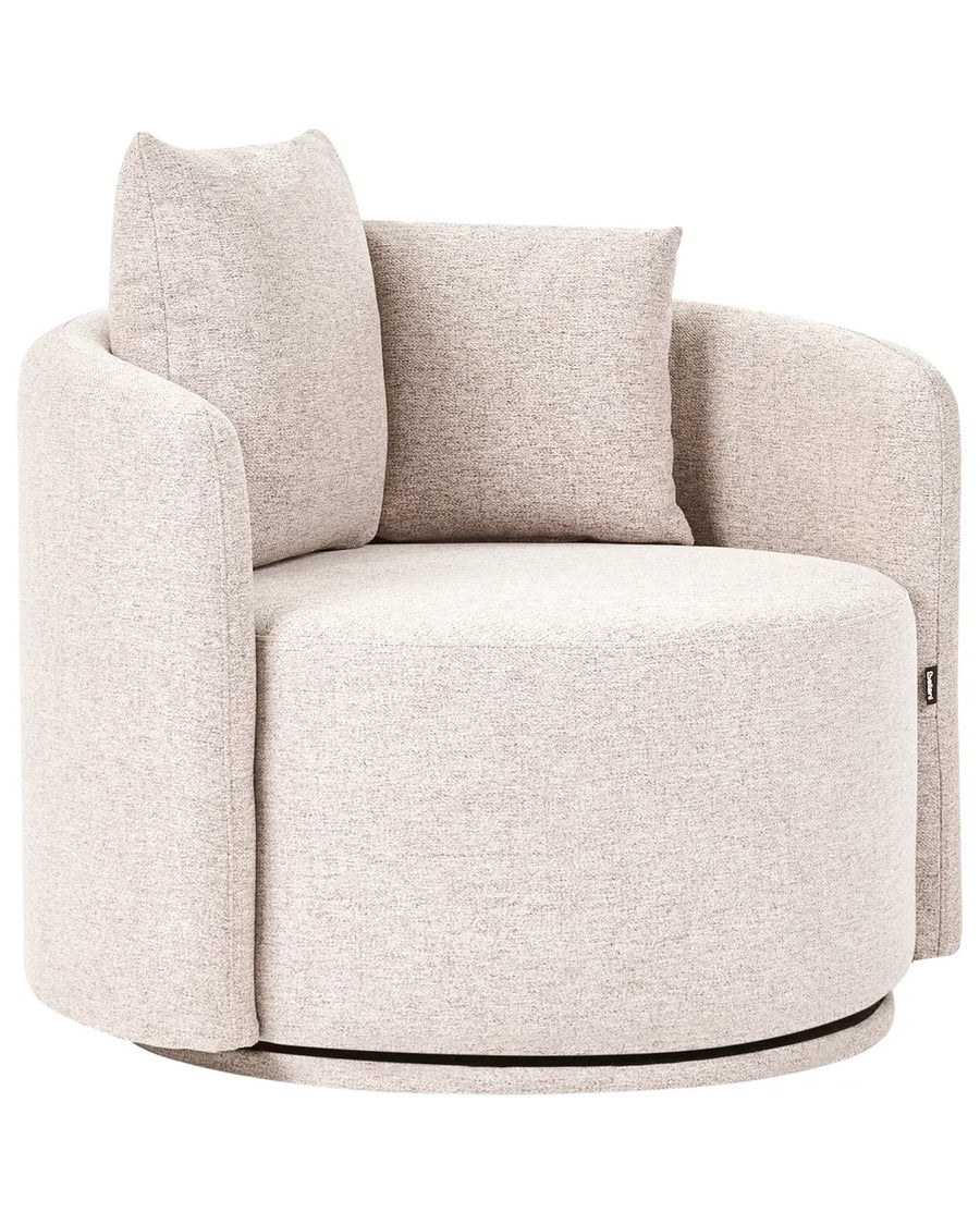 A modern round upholstered accent chair in a light beige textured fabric, featuring two matching back cushions and a swivel base, shown against a plain white background.