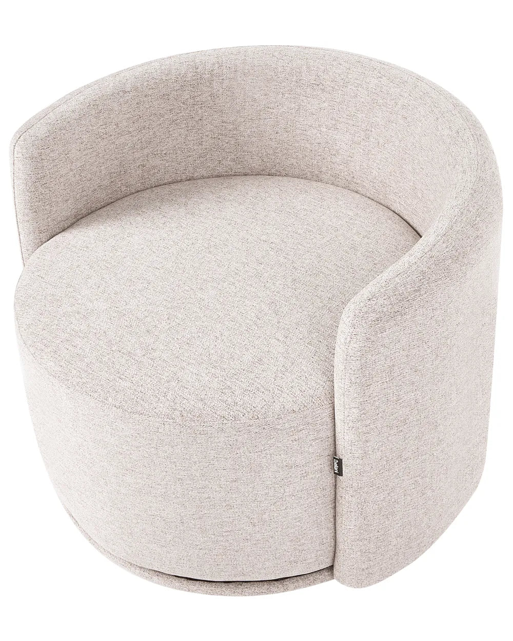 A modern semi-circular upholstered accent chair in a light beige textured fabric, shown from a high-angle perspective against a solid white background.