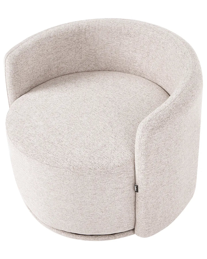 A modern semi-circular upholstered accent chair in a light beige textured fabric, shown from a high-angle perspective against a solid white background.