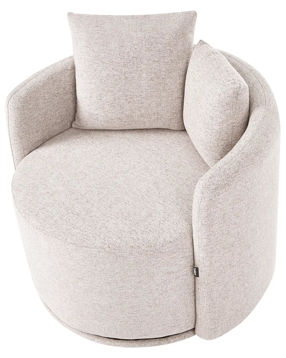 A modern barrel-style accent chair upholstered in a textured light beige fabric, featuring a circular seat, curved armrests, a matching back cushion, and a side support cushion, shown on a plain white background.