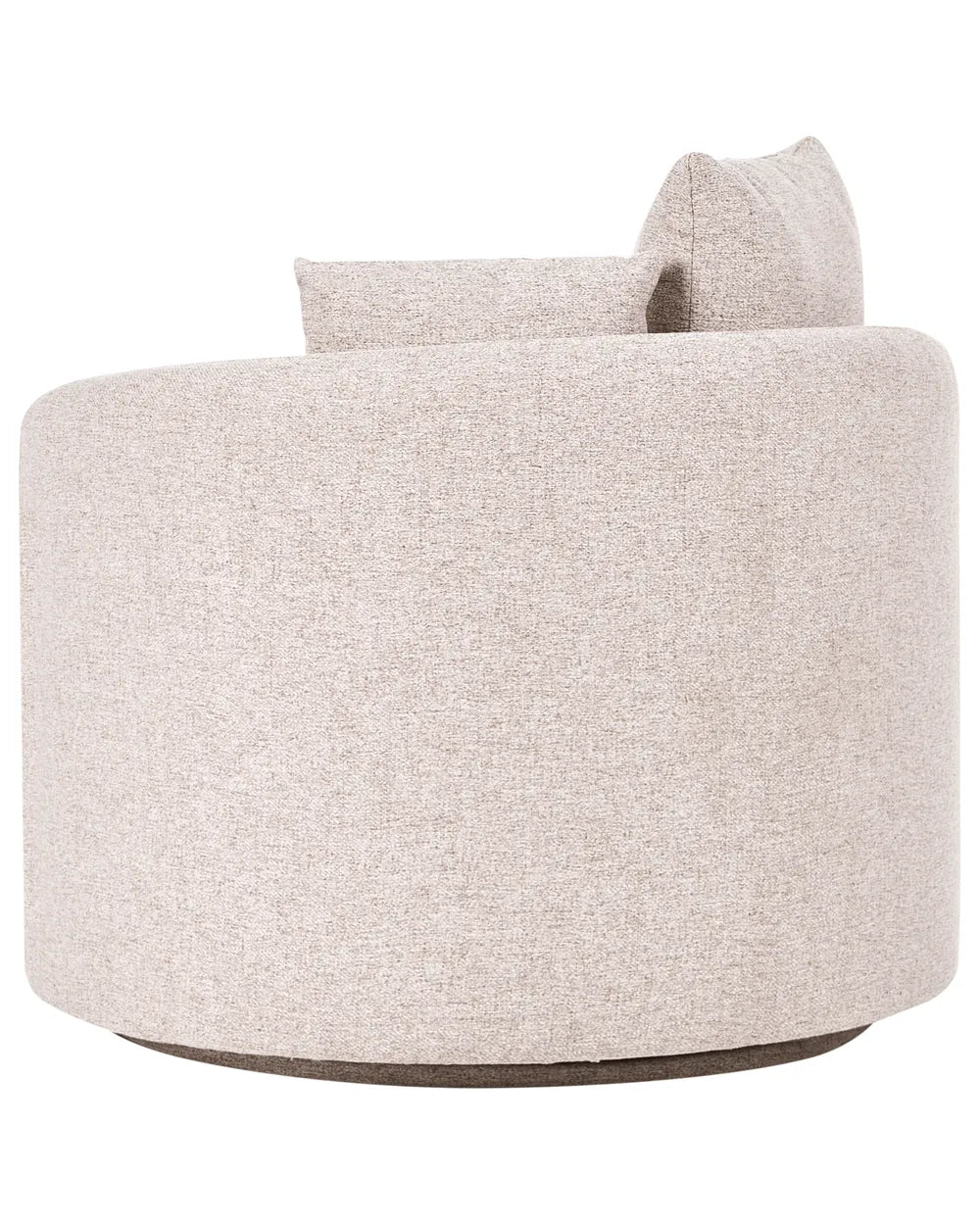 A modern round upholstered accent chair in a light beige textured fabric, featuring a low cylindrical body, a matching back cushion, and a dark gray circular base, shown against a plain white background.