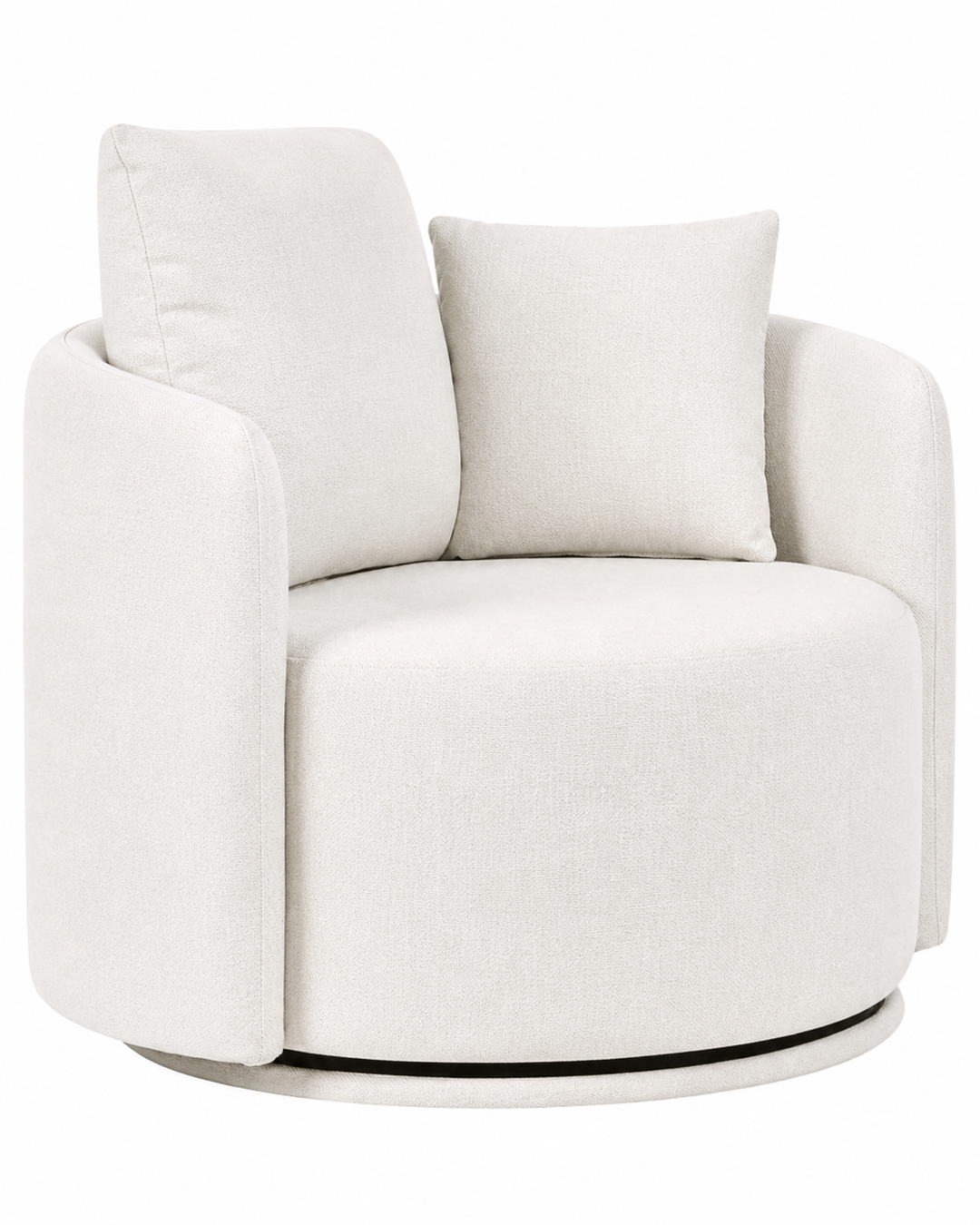 A modern round swivel armchair upholstered in a textured off-white fabric, featuring two matching square back cushions and a slim black circular base.