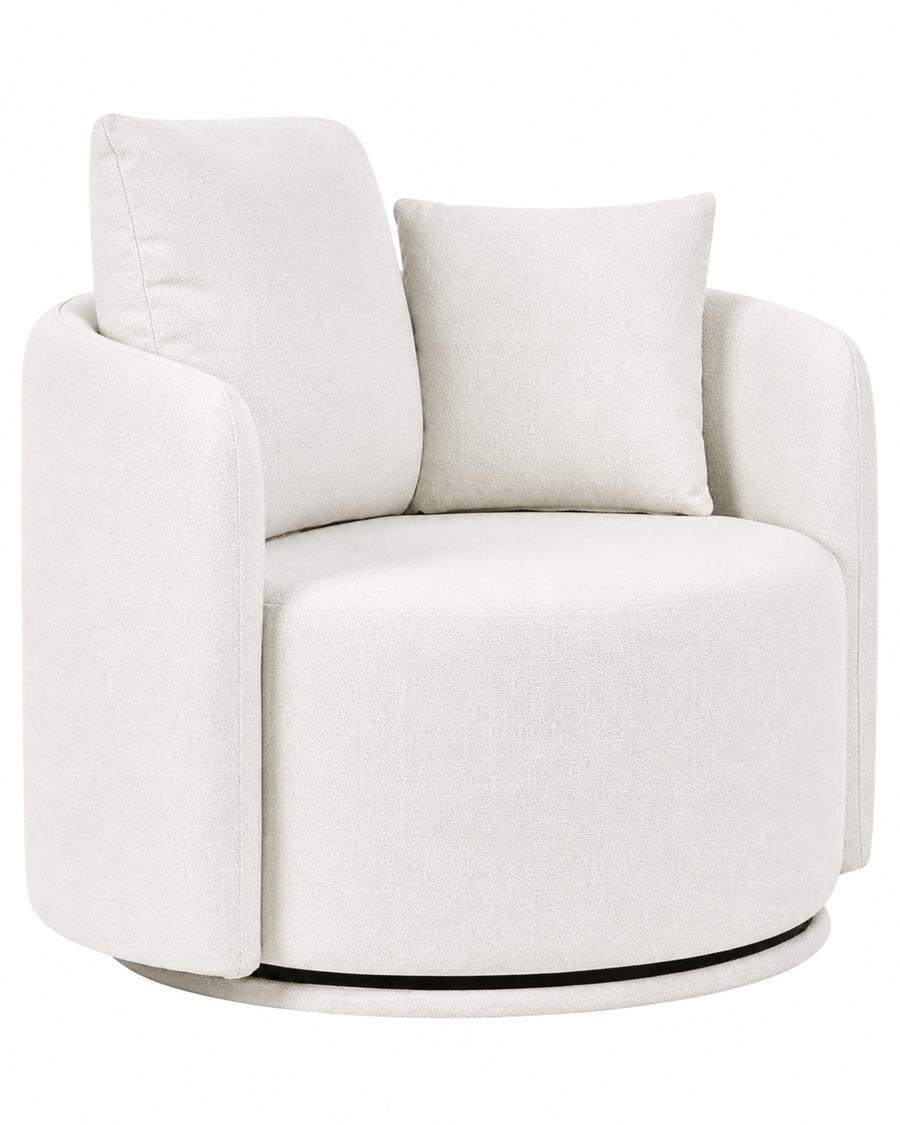 A modern round swivel armchair upholstered in a textured off-white fabric, featuring two matching square back cushions and a slim black circular base.