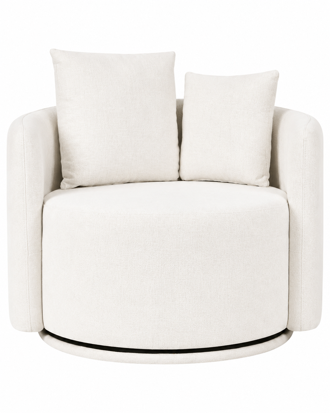 A modern round swivel armchair upholstered in a textured off-white fabric, featuring a matching square back cushion and a slim dark base, shown against a plain white background.