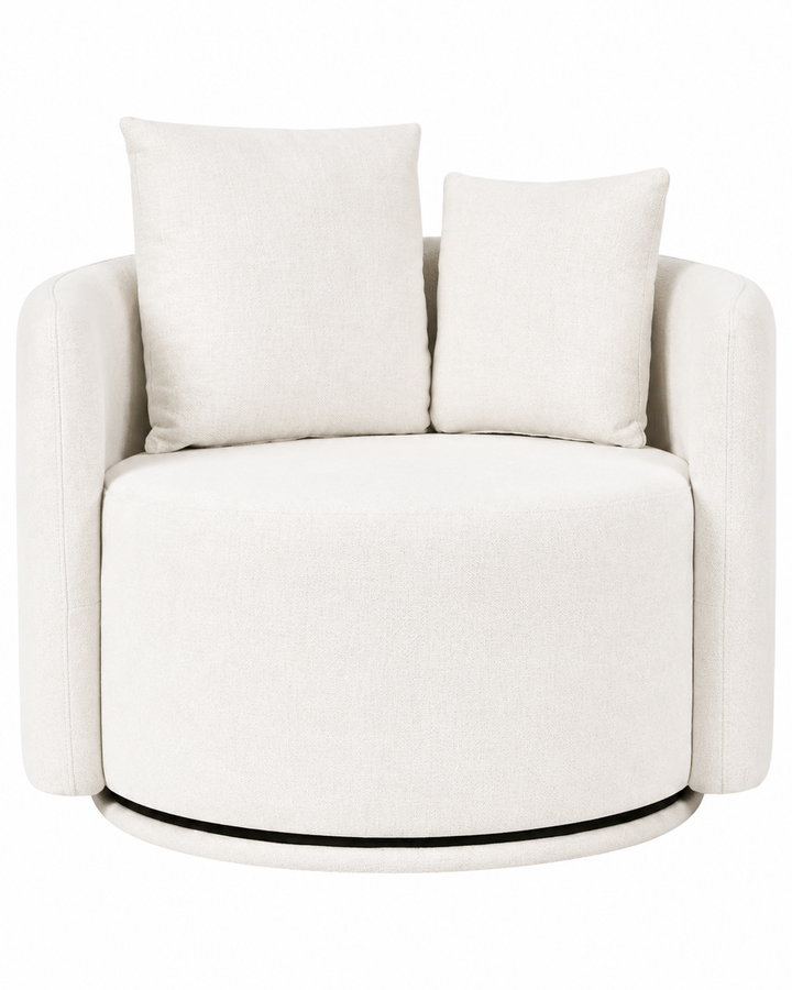 A modern round swivel armchair upholstered in a textured off-white fabric, featuring a matching square back cushion and a slim dark base, shown against a plain white background.
