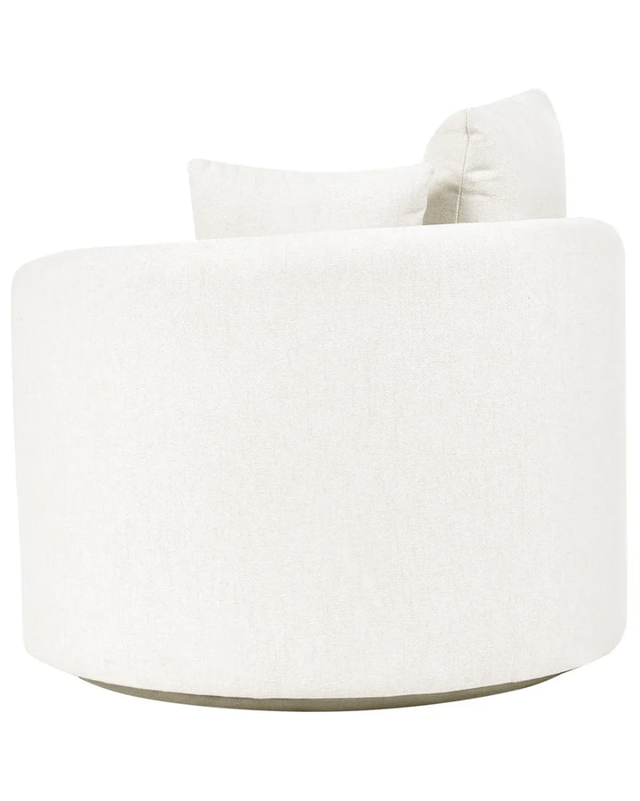 A modern round swivel armchair upholstered in a textured off-white fabric, featuring a matching square back cushion and a slim dark base, shown against a plain white background.