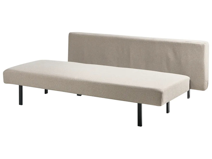 An upholstered futon sofa bed with a rectangular backrest and slim black metal legs, shown on a plain white background.