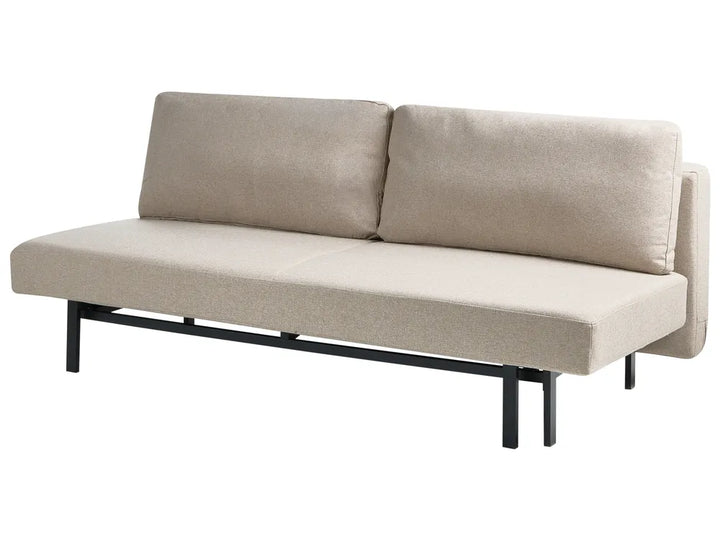 An upholstered futon sofa bed with a rectangular backrest and slim black metal legs, shown on a plain white background.