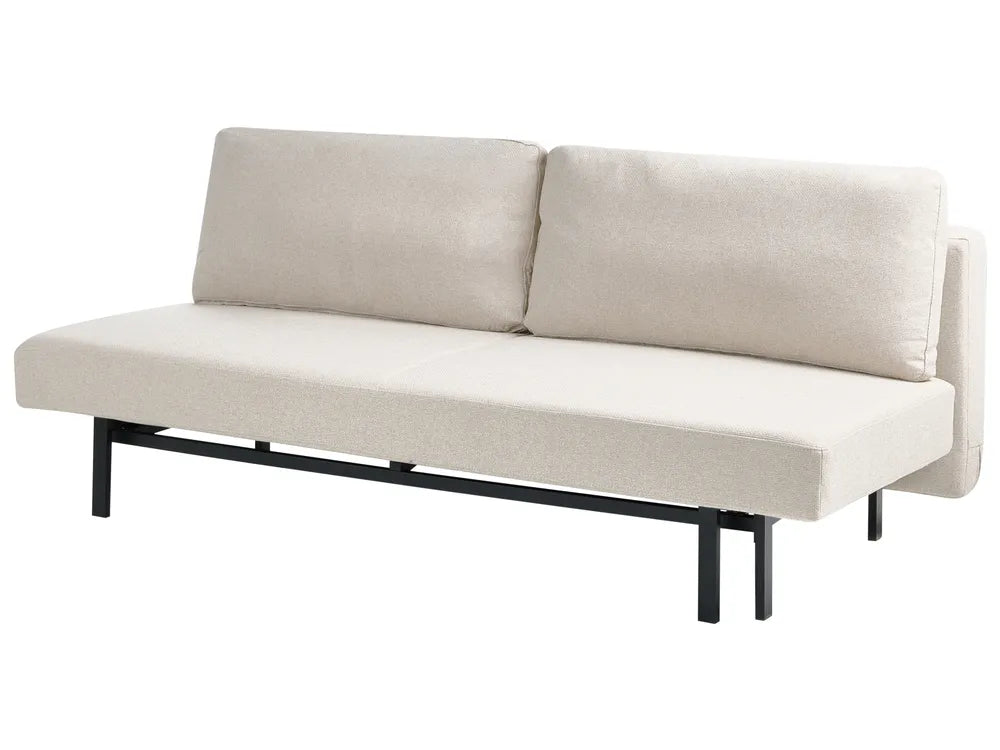 An upholstered futon sofa bed with a rectangular cream fabric cushion, a matching backrest, and slim black metal legs, shown on a plain white background.
