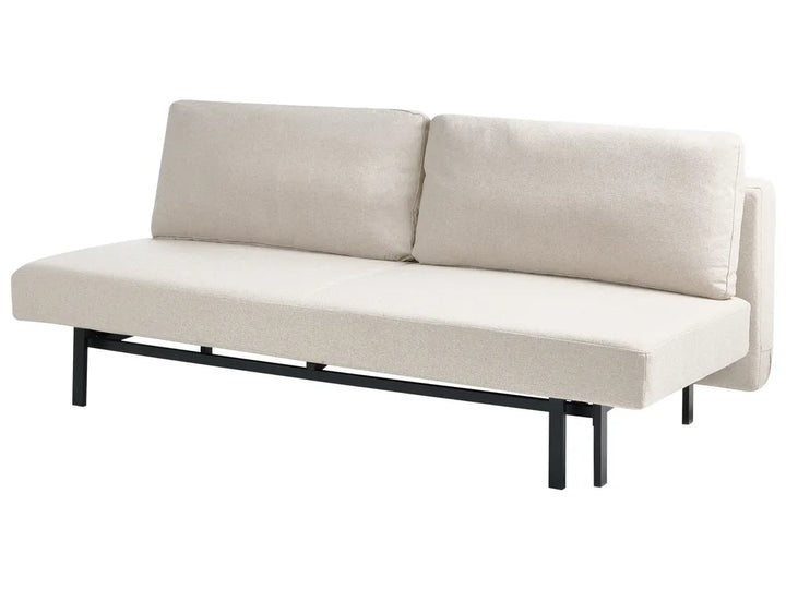 An upholstered futon sofa bed with a rectangular cream fabric cushion, a matching backrest, and slim black metal legs, shown on a plain white background.