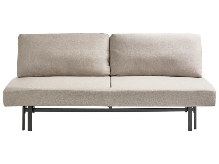 A modern two-seater sofa bed or futon in a light beige textured fabric, supported by a slim black metal frame, shown against a plain white background.