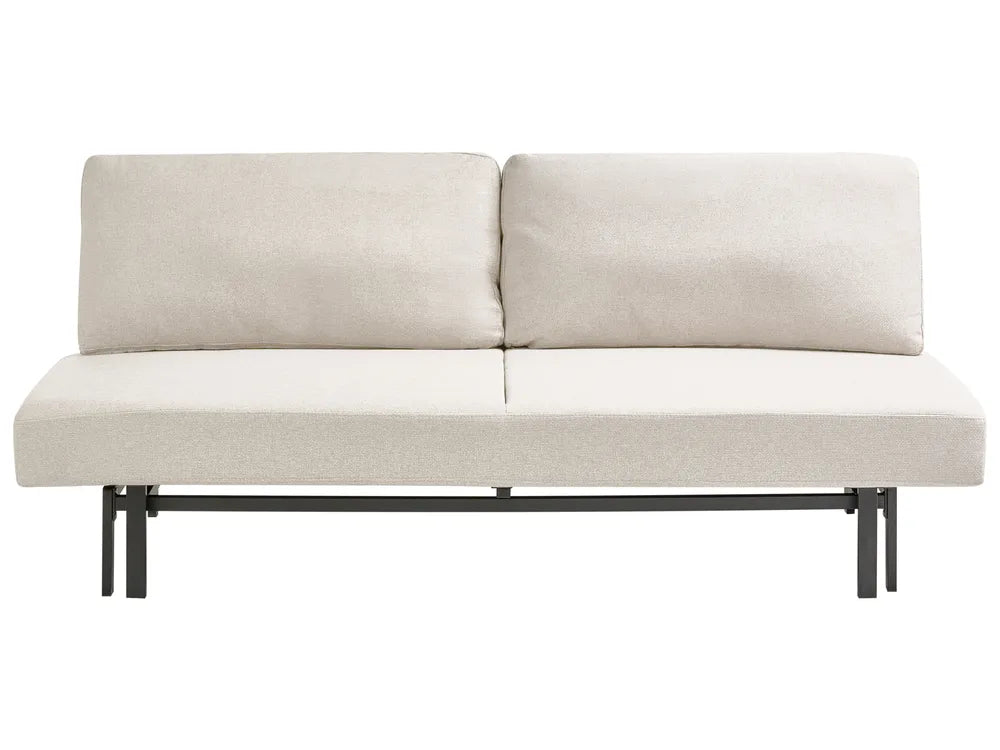 A modern two-seater sofa bed or futon in a light beige textured fabric, supported by a black metal frame, shown against a plain white background.