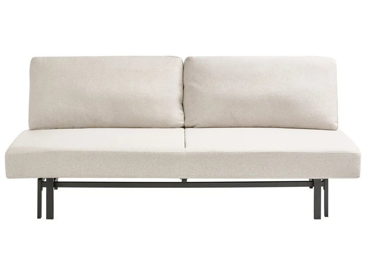 A modern two-seater sofa bed or futon in a light beige textured fabric, supported by a black metal frame, shown against a plain white background.