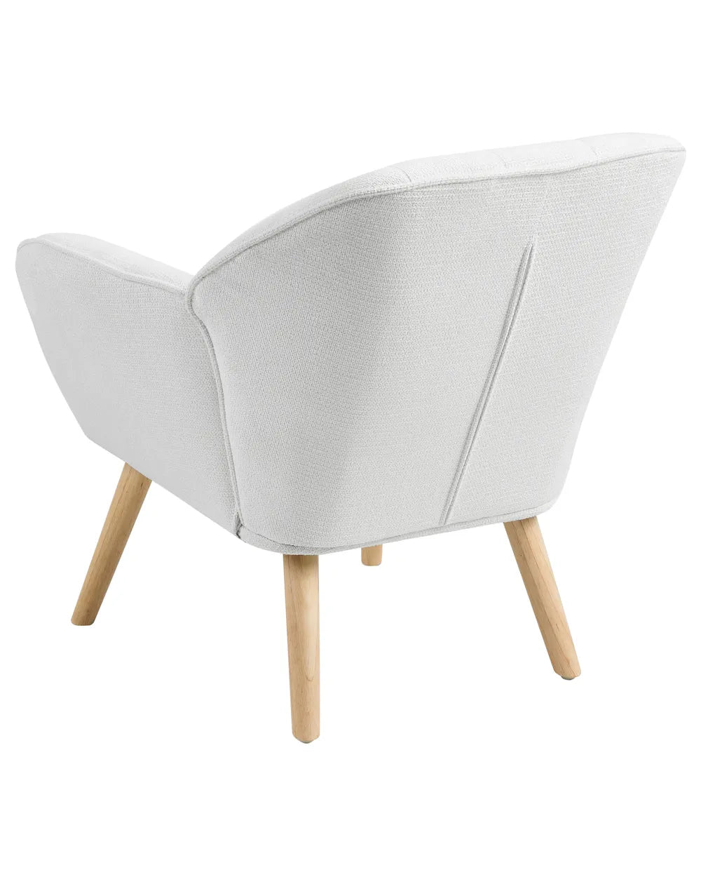 A modern upholstered armchair with a light gray textured fabric and natural wood legs, shown from a three-quarters angle on a white background.