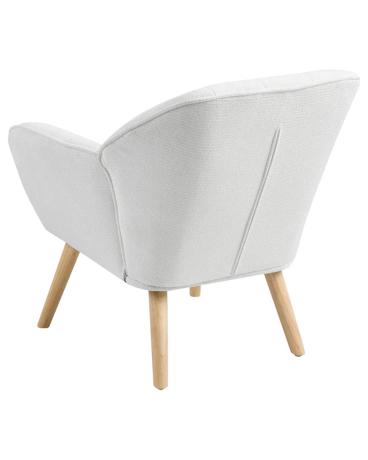 A modern upholstered armchair with a light gray textured fabric and natural wood legs, shown from a three-quarters angle on a white background.