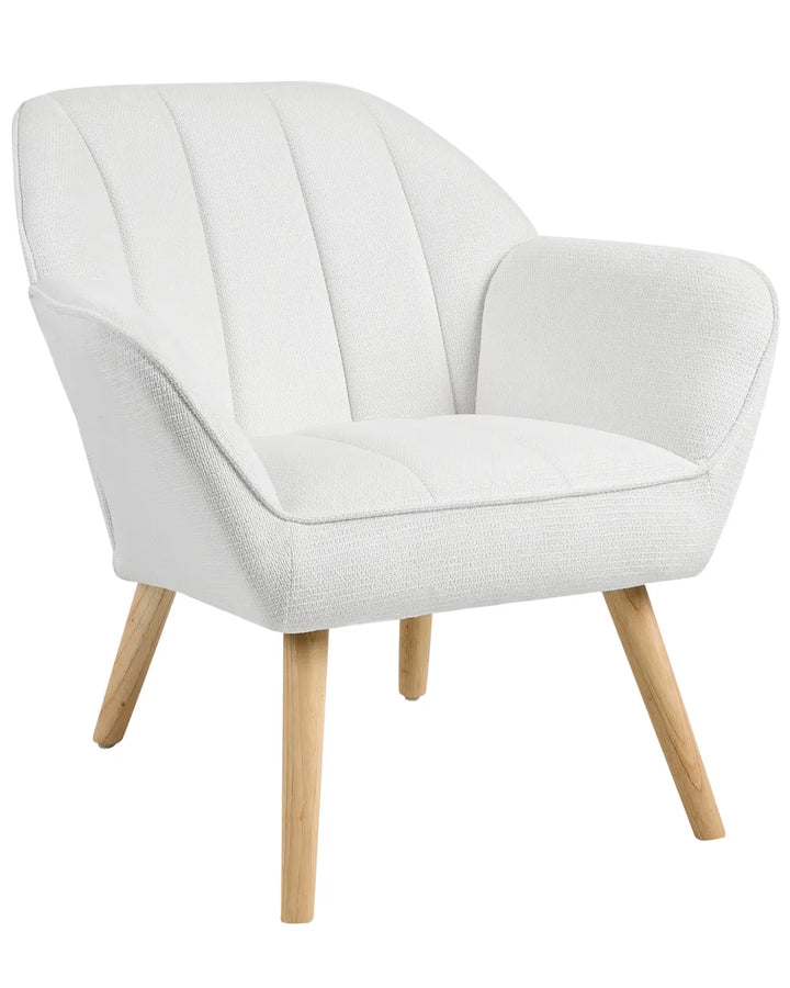 A modern accent chair upholstered in textured off-white fabric with vertical channel tufting on the backrest and tapered light wood legs, shown on a plain white background.
